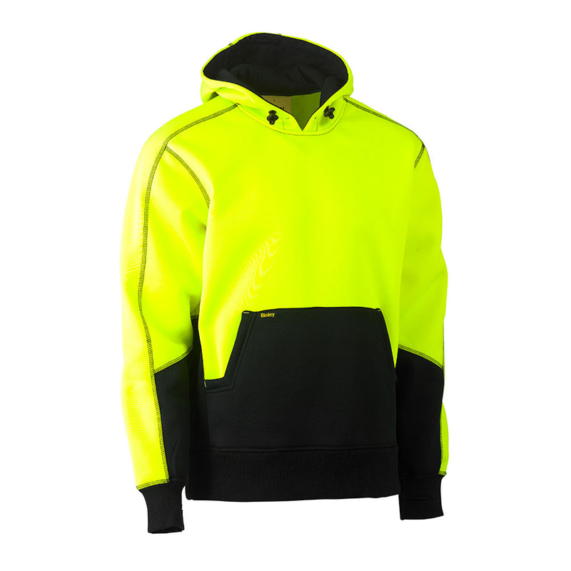 Load image into Gallery viewer, Bisley Hi Vis Pullover Fleece Hoodie features a neon yellow/green upper and black lower with a kangaroo pocket, rib cuffs with thumb openings, and an adjustable hood, ideal for workplace safety.