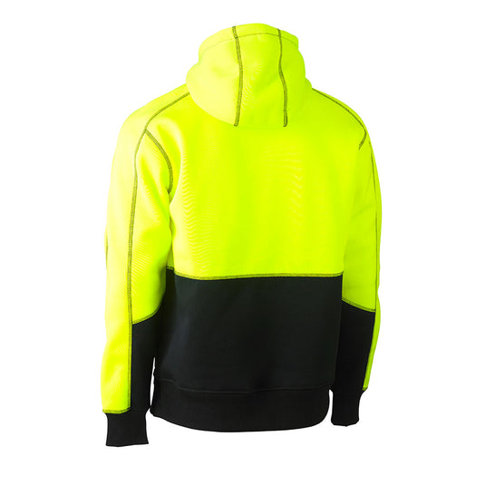 Bisley Hi Vis Pullover Fleece Hoodie, featuring a bright hood and sleeves, designed for visibility, with rib cuffs and a kangaroo pocket. Ideal for safety-focused work environments, available at Active Safety.