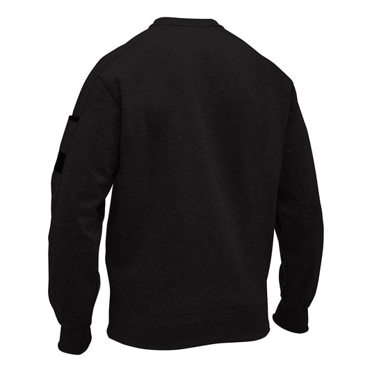 The Bisley Work Fleece Crew Neck Jumper showcases a back view with a small sleeve pocket featuring a pen division, ribbed cuffs and hem, and reinforced panels, ideal for workplace comfort.
