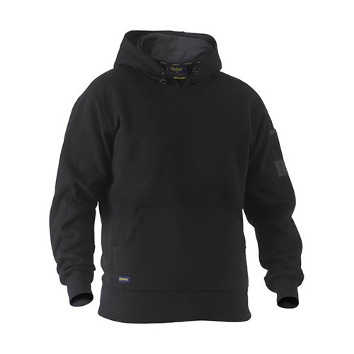 Bisley Work Fleece Pullover Hoodie displaying a shaped hood with contrast lining, kangaroo pouch pocket, and a sleeve pocket with pen division, ideal for workplace safety and comfort.