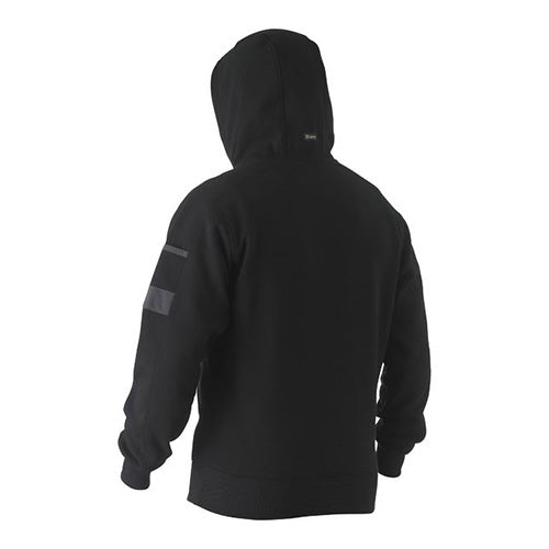 Load image into Gallery viewer, Bisley Work Fleece Pullover Hoodie featuring a hood with contrast lining, adjustable toggle, front kangaroo pouch pocket, and a sleeve pocket with reinforced panels, ideal for workwear and safety.