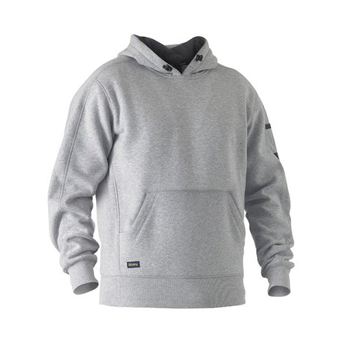 Bisley Work Fleece Pullover Hoodie featuring a hood with contrast lining and toggle, front kangaroo pocket, and sleeve pen pocket. Ideal for safety and workwear, reflecting durability and practicality.