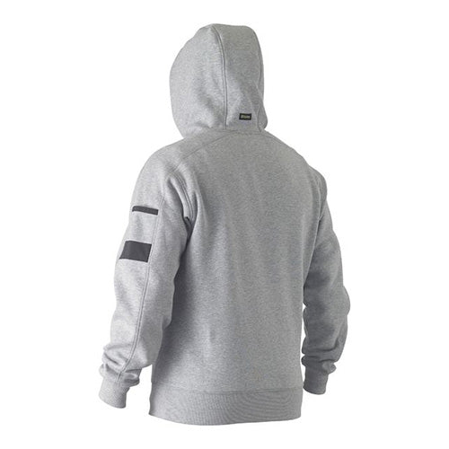 Load image into Gallery viewer, Bisley Work Fleece Pullover Hoodie shown on a person, featuring a shaped hood with adjustable toggle, front kangaroo pouch pocket, and sleeve pocket with pen division, ideal for workplace safety and comfort.