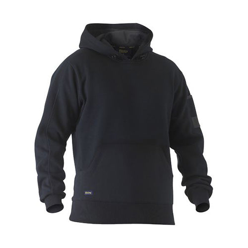 Load image into Gallery viewer, Bisley Work Fleece Pullover Hoodie featuring a shaped hood with contrast lining, adjustable toggle, front kangaroo pouch pocket, and sleeve pocket with pen division, perfect for workplace safety and comfort.