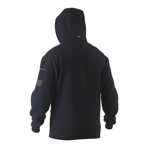 Load image into Gallery viewer, Bisley Work Fleece Pullover Hoodie featuring a shaped hood with adjustable toggle, front kangaroo pouch pocket, and sleeve pocket with pen division, perfect for safety and workwear needs.