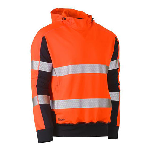 Load image into Gallery viewer, Bisley Hi Vis Taped Stretchy Fleece Hoodie featuring reflective taped hoop pattern, biomotion taping on sleeves, adjustable hood, and hand-warmer pockets, designed for safety and comfort with excellent warmth retention.