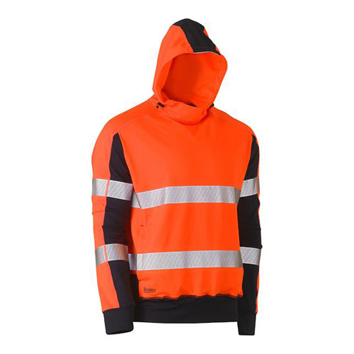 Bisley Hi Vis Taped Stretchy Fleece Hoodie featuring perforated reflective taping, a shaped hood with toggles, and hand-warmer pockets, ideal for safety-focused environments requiring visibility and comfort.
