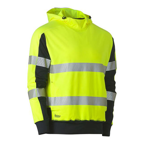 The Bisley Hi Vis Taped Stretchy Fleece Hoodie features reflective taped hoop patterns, biomotion taping on the sleeves, a shaped hood with adjustable toggles, and hand-warmer inseam pockets, ideal for safety-conscious work environments.
