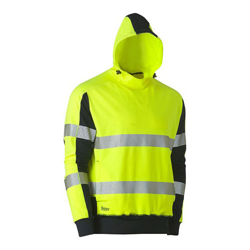 Bisley Hi Vis Taped Stretchy Fleece Hoodie featuring reflective taped hoop pattern, biomotion taping on sleeves, and a shaped hood with adjustable toggles, designed for warmth and comfort.