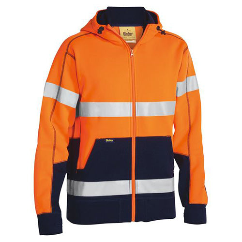 Bisley Hi Vis Taped Full Zip Hoodie featuring a reflective stripe across the chest and arms. This protective outerwear includes a full zip, shaped hood, kangaroo pockets, and rib cuffs with thumb openings.