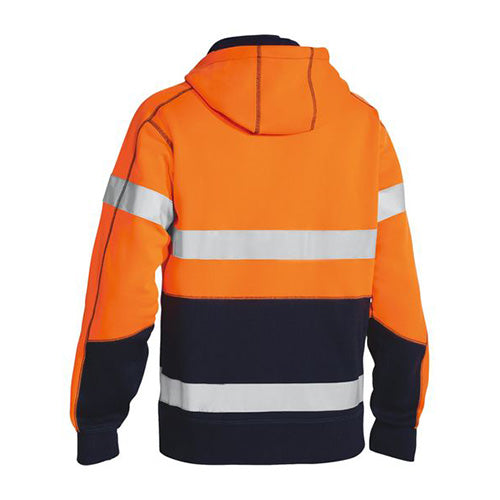 Load image into Gallery viewer, Bisley Hi Vis Taped Full Zip Hoodie showcasing a hooded design with reflective tape pattern, front zip, rib cuffs with thumb openings, and kangaroo style pockets, ideal for safety and work environments.