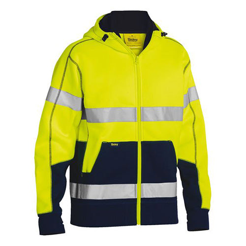 Bisley Hi Vis Taped Full Zip Hoodie features a reflective striped design with a full zip, kangaroo pockets, and a shaped hood, ideal for safety and visibility in active work environments.