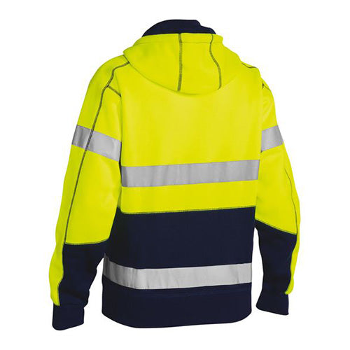 Load image into Gallery viewer, Bisley Hi Vis Taped Full Zip Hoodie with grey reflective stripes, features a full zip front, shaped hood, and contrast kangaroo pockets, ideal for workplace safety and visibility.