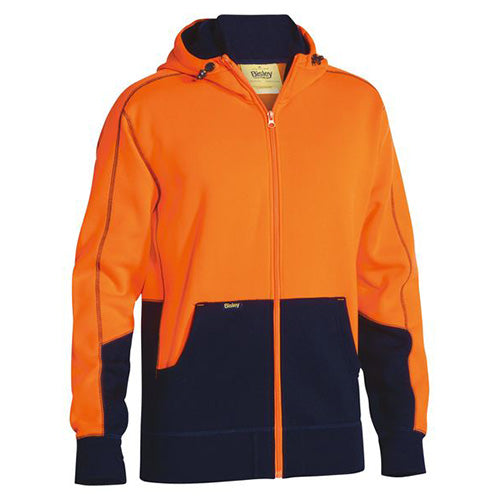 Load image into Gallery viewer, Bisley Hi Vis Full Zip Hoodie featuring a hood, full front zipper, kangaroo-style pockets, and rib cuffs with thumb openings, designed for comfort and functionality in active safety environments.