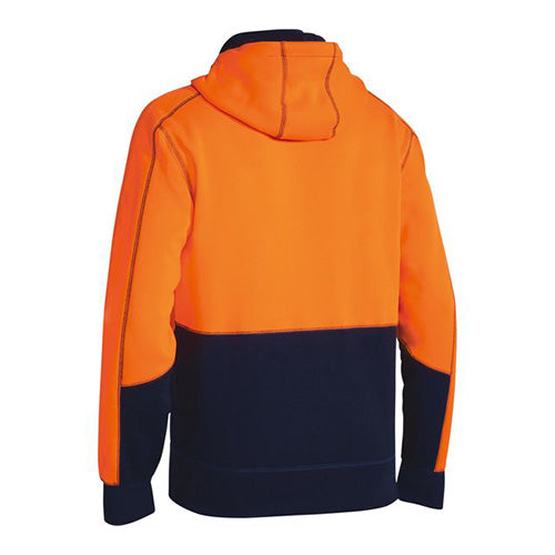 Load image into Gallery viewer, Bisley Hi Vis Full Zip Hoodie featuring a shaped hood, full front zip, and kangaroo pockets, designed for comfort with rib cuffs and hem, ideal for active safety and workwear needs.
