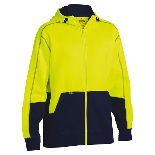 Load image into Gallery viewer, Bisley Hi Vis Full Zip Hoodie featuring a shaped hood, full zip, and kangaroo pockets, designed with ribbed cuffs having thumb openings, suitable for workplace safety and comfort.