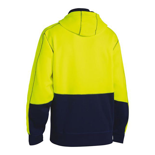 Load image into Gallery viewer, Bisley Hi Vis Full Zip Hoodie featuring a full front zip, shaped hood with contrast lining, kangaroo pockets, rib cuffs with thumb openings, and an elasticated hem, ideal for workplace safety and comfort.