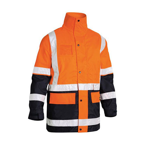 Bisley Hi Vis 5-in-1 Taped Rain Jacket, featuring reflective taping and a detachable hood, designed for high visibility and weather protection, ideal for safety and workwear environments.