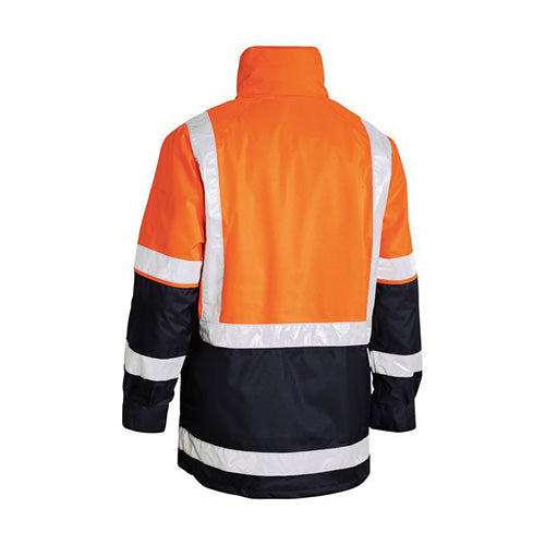 Load image into Gallery viewer, Bisley Hi Vis 5-in-1 Taped Rain Jacket featuring reflective stripes, detachable sleeves, and stow-away hood, designed for safety and comfort with waterproof and breathable fabric, shown on a person.
