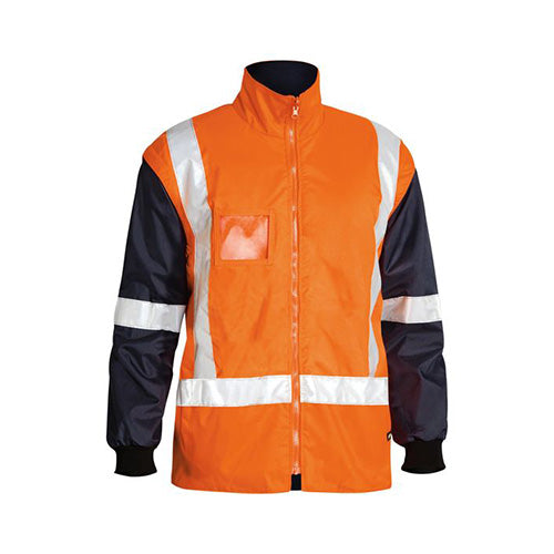 Load image into Gallery viewer, Bisley Hi Vis 5-in-1 Taped Rain Jacket with reflective stripes, showcasing a close-up of its waterproof, seam-sealed outer shell and zip-out reversible padded body warmer, ideal for safety and work environments.