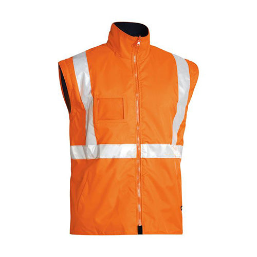 Load image into Gallery viewer, Bisley Hi Vis 5-in-1 Taped Rain Jacket featuring reflective stripes in an H pattern. Close-up view highlights its protective design, including detachable sleeves and multiple pockets, ideal for safety and workwear.