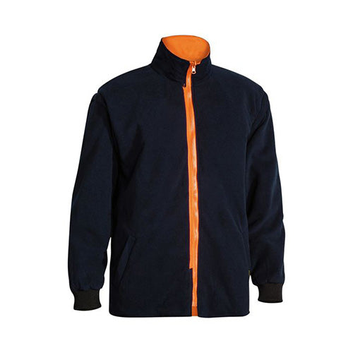 Load image into Gallery viewer, Bisley Hi Vis 5-in-1 Taped Rain Jacket featuring a black and orange design with a heavy-duty zip, detachable sleeves, and multiple functional pockets, ideal for safety and work environments.