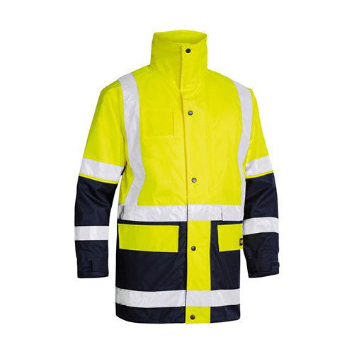 Bisley Hi Vis 5-in-1 Taped Rain Jacket featuring reflective taped H pattern and biomotion taping, detachable sleeves, and stow-away hood, ideal for safety and comfort in harsh weather conditions.