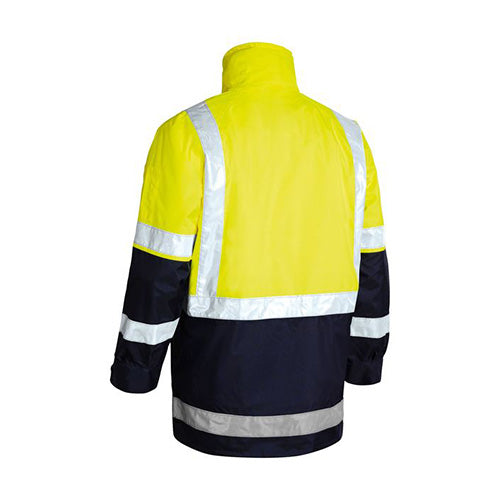 Load image into Gallery viewer, Bisley Hi Vis 5-in-1 Taped Rain Jacket featuring reflective stripes and a zip-out reversible padded body warmer, designed for high-visibility safety with detachable sleeves and multiple pockets.