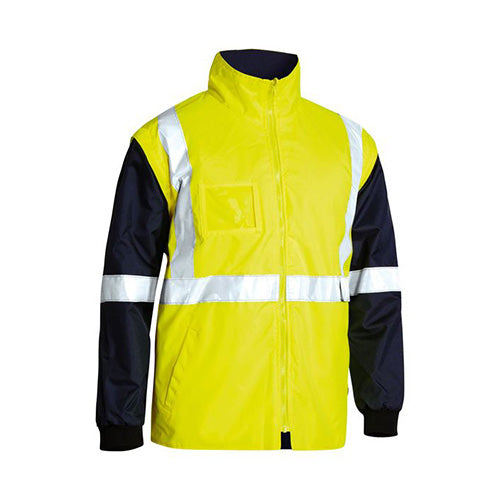 Load image into Gallery viewer, Bisley Hi Vis 5-in-1 Taped Rain Jacket, featuring reflective taping in an H pattern, detachable sleeves, and multiple pockets, designed for workwear safety and versatility.