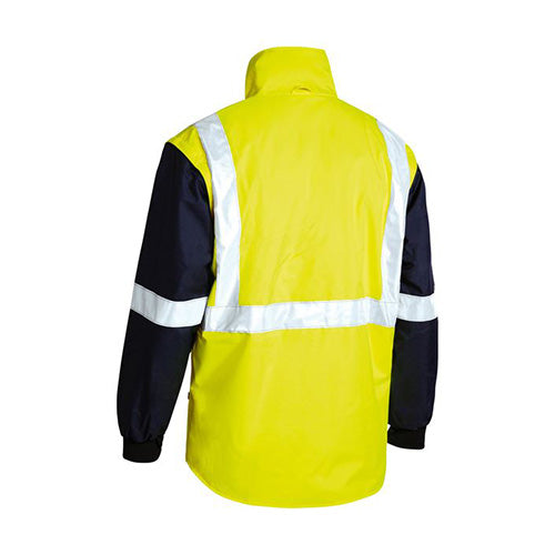 Load image into Gallery viewer, Bisley Hi Vis 5-in-1 Taped Rain Jacket showcasing its versatile design, featuring a heavy-duty zip and detachable sleeves, ideal for high-visibility workwear.