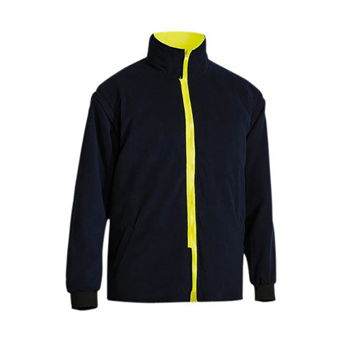 Load image into Gallery viewer, Bisley Hi Vis 5-in-1 Taped Rain Jacket featuring a distinctive yellow zipper, designed with detachable sleeves and reflective tape, ideal for safety and versatility in various work environments.