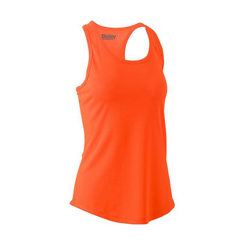 Bisley Women’s Hi Vis Racer Back Singlet, featuring a cut-out back design and breathable mesh fabric, ideal for workplace safety and comfort.