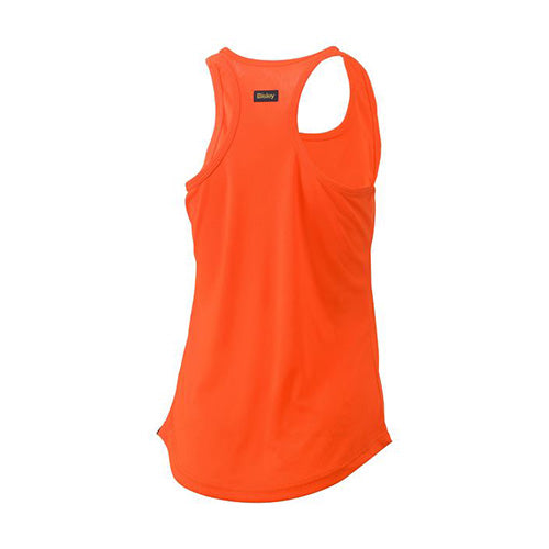 Bisley Women’s Hi Vis Racer Back Singlet featuring a lightweight, breathable 100% polyester mesh fabric with a racer back design, ideal for active safety wear.