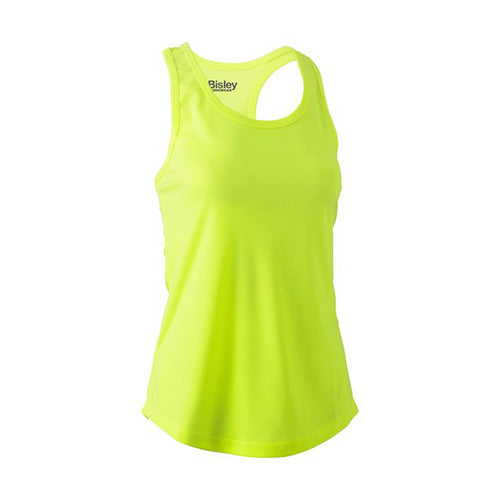 Bisley Women’s Hi Vis Racer Back Singlet displayed on a mannequin, featuring a lightweight, breathable polyester mesh fabric, ideal for active safety wear.