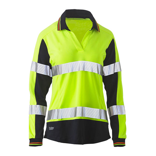 Bisley Women's Hi Vis Taped Long Sleeve Polo, featuring reflective bands and perforated tape for visibility and comfort, designed in breathable mesh with microbial treatment for odor control, ideal for active safety workwear.