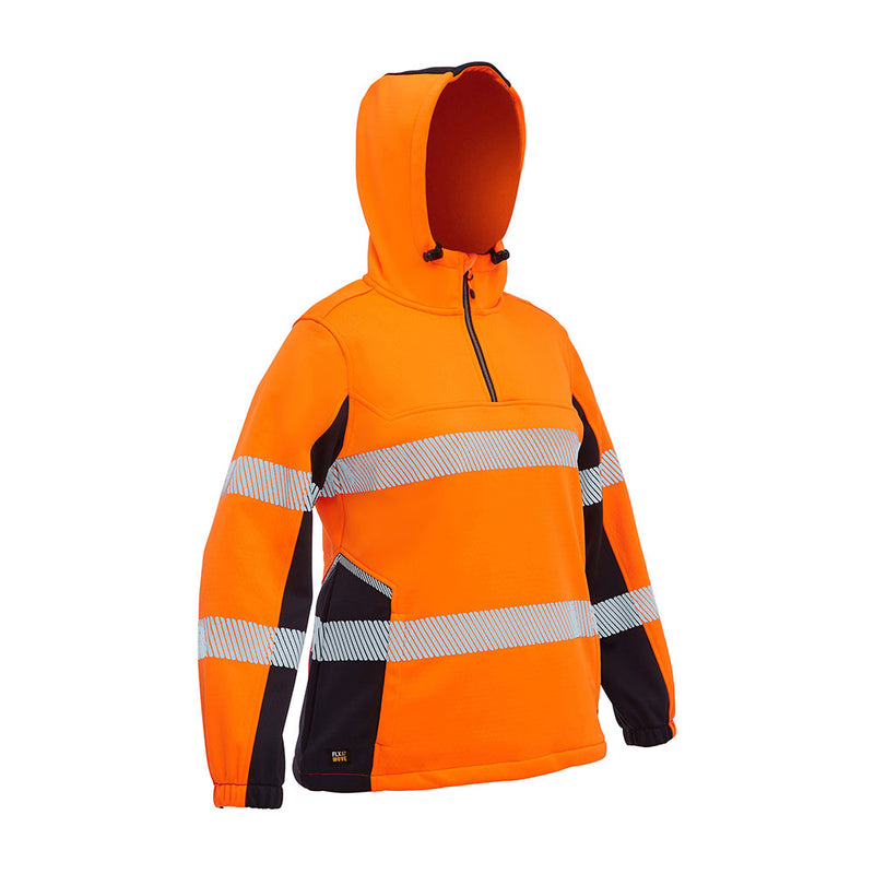 Load image into Gallery viewer, Bisley Women's Flex & Move Hi Vis Taped Water Repellent Hoodie features reflective bands, black side panels, elastic cuffs, drawstring hood, and zip pockets, ideal for safety and comfort in active environments.