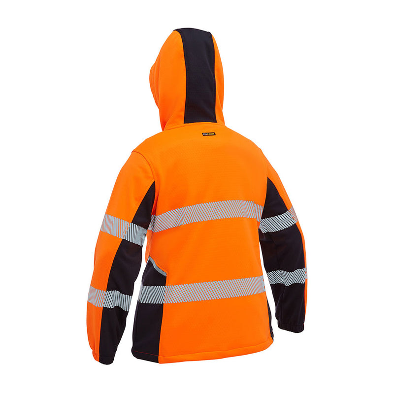 Load image into Gallery viewer, Bisley Women's Flex & Move Hi Vis Taped Water Repellent Hoodie features a bright orange back with black side panels, two reflective stripes around the torso, and matching sleeve stripes, ideal for high-visibility work environments.