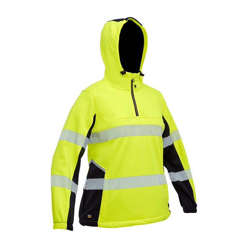 Load image into Gallery viewer, Bisley Women's Flex & Move Hi Vis Taped Water Repellent Hoodie features fluorescent yellow fabric, black panels, reflective bands, a drawstring hood, half-zip, and zip pockets, ideal for safety-conscious workplaces.