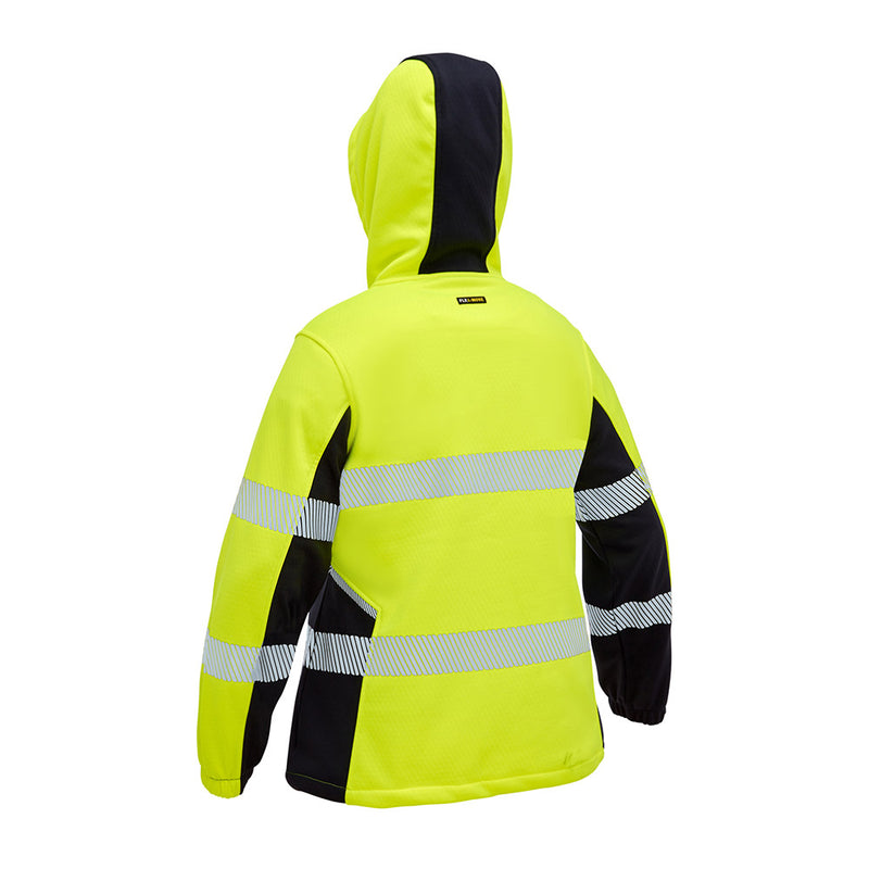 Load image into Gallery viewer, The Bisley Women's Flex & Move Hi Vis Taped Water Repellent Hoodie features a bright yellow back view with reflective silver striping and black accents, ideal for safety-focused environments.