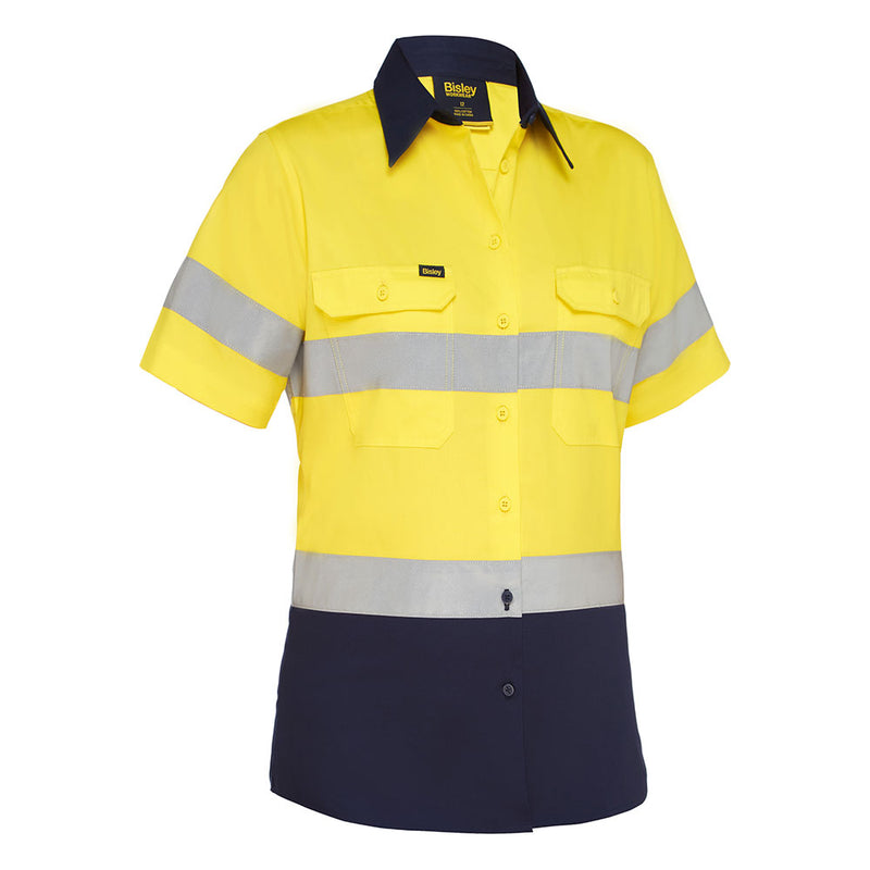 Load image into Gallery viewer, Bisley Womens Hi Vis Taped Lightweight Drill Shirt features a bright upper with silver reflective stripes, navy lower, and dual chest pockets. Enhanced with ventilation and antimicrobial treatment, ideal for safety workwear.