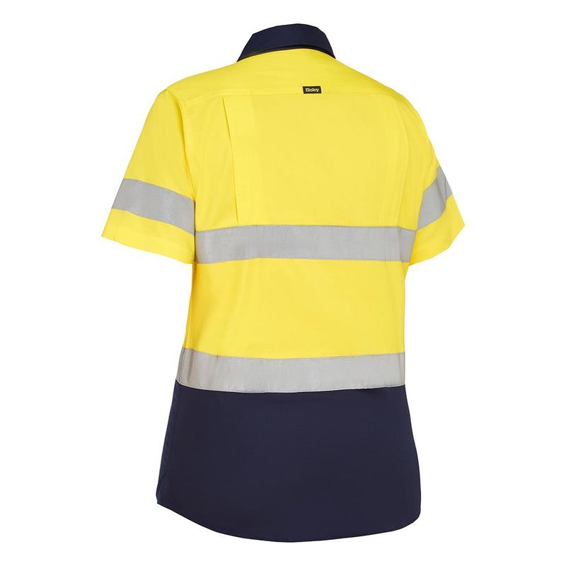Load image into Gallery viewer, Bisley Womens Hi Vis Taped Lightweight Drill Shirt showcasing the back view with reflective bands and mesh ventilation for breathability, designed for safety and comfort in workplace environments.