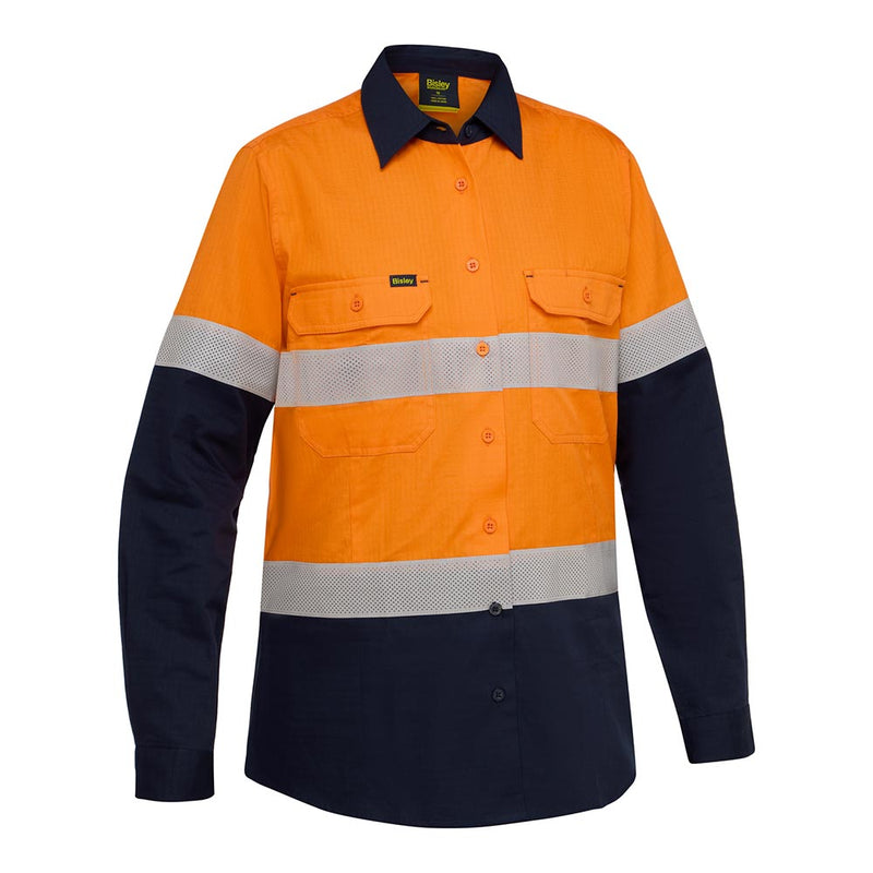 Load image into Gallery viewer, Bisley Womens Hi Vis Taped Ripstop Vented Long Sleeve Shirt featuring a bright orange and navy design with reflective bands, chest pockets, and mesh ventilation, designed for workplace safety and comfort.