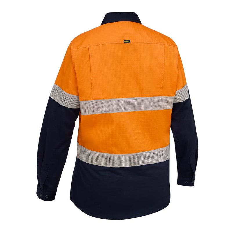 Load image into Gallery viewer, Bisley Womens Hi Vis Taped Ripstop Vented Long Sleeve Shirt, featuring a back view with reflective silver bands and mesh ventilation, ideal for workplace safety and visibility.