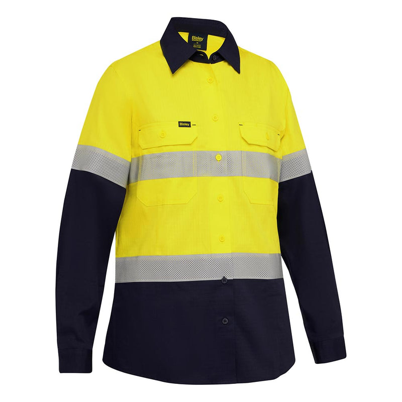 Load image into Gallery viewer, Bisley Womens Hi Vis Taped Ripstop Vented Long Sleeve Shirt features a two-tone design with reflective bands, mesh ventilation, and structured collar, ideal for safety-focused work environments.