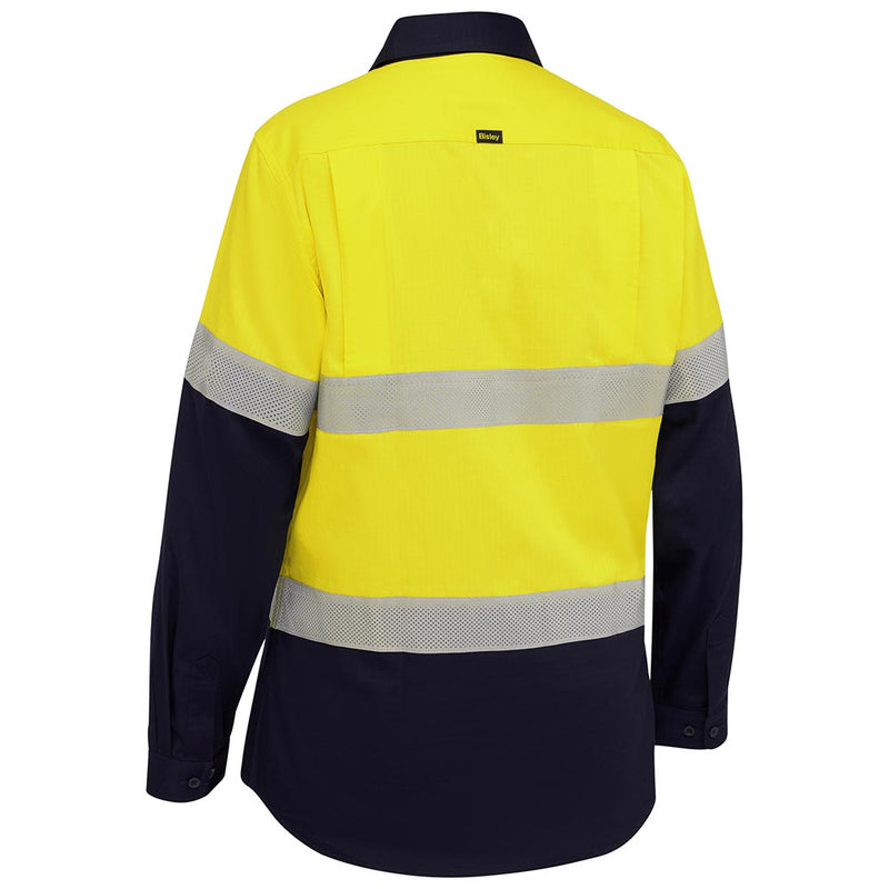 Load image into Gallery viewer, Bisley Womens Hi Vis Taped Ripstop Vented Long Sleeve Shirt with reflective bands, mesh ventilation, structured collar, and adjustable cuffs, designed for workplace safety and comfort.
