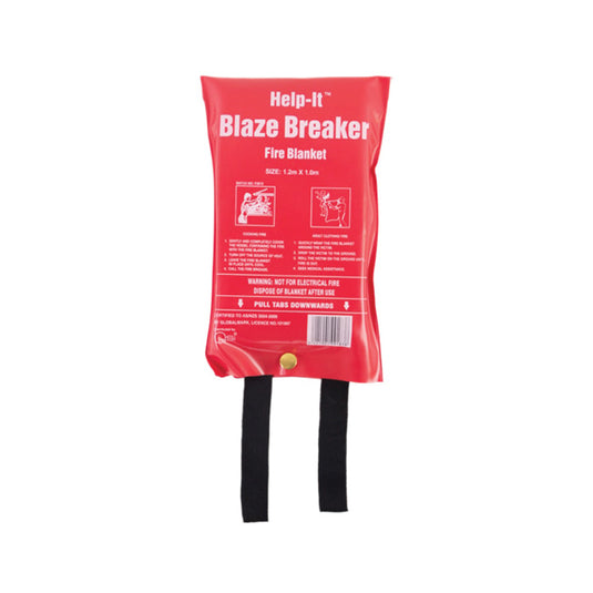 Blaze Breaker Fire Blanket 1.2m x 1.2m, featuring black straps, packaged in a compact red packet with white text, designed for quick deployment in small cooking or clothing fires.