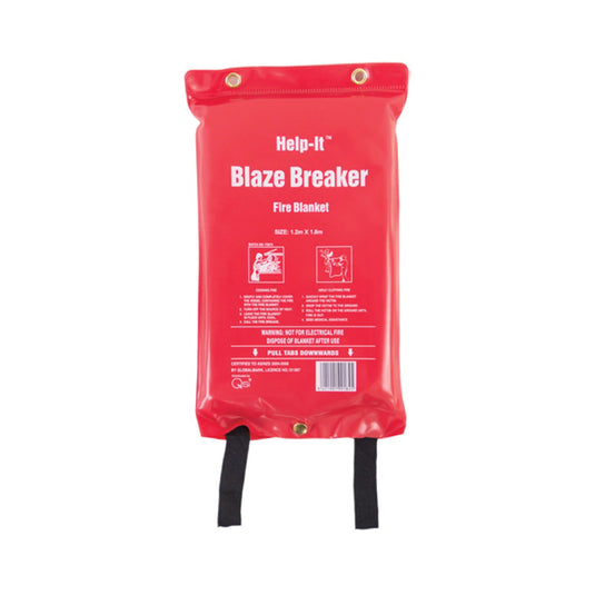 Blaze Breaker Fire Blanket 1.8m x 1.2m displayed in its red packaging, featuring clear white text. Ideal for small cooking or clothing fires, complying with AS/NZS 3504 standards.