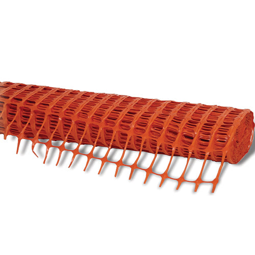 Orange Barrier Mesh Fencing 50m roll designed for temporary safety applications such as construction sites and sporting events, featuring a durable orange plastic weave ideal for creating secure, visible barriers.