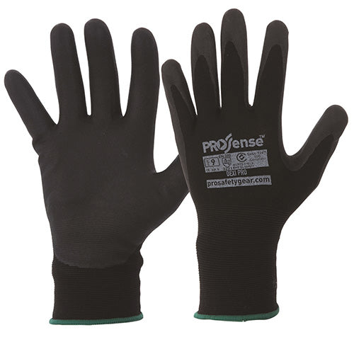 ProSense DexiPro Foam Nitrile Dipped Glove showcasing lightweight, lint-free nylon design with lycra for enhanced dexterity and nitrile foam palm for superior grip in varying conditions, featuring an extra-long cuff.
