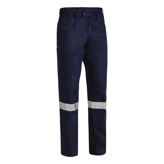 Bisley Original Taped Work Trousers featuring reflective stripes, single front pleats, and multiple pockets, designed for workplace safety and utility. Ideal for professionals needing durable and practical workwear.